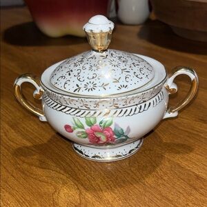 Vintage Floral Sugar Bowl with Gold Leaf Handles